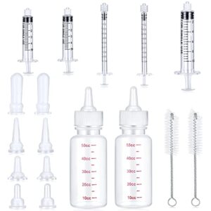 17 pieces pet nursing bottle kit including 2 pet feeding bottle, 8 replacement pet feeding nipples, 5 dog nursing syringes in 1 ml, 5 ml and 10 ml, 2 cleaning brushes for kittens, puppies, rabbits