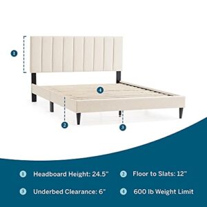 Lucid Bed Frame with Headboard – Vertical Channeled Upholstered Platform frame– King Size Bed Frame with Headboard – No Box Spring Needed - Pearl