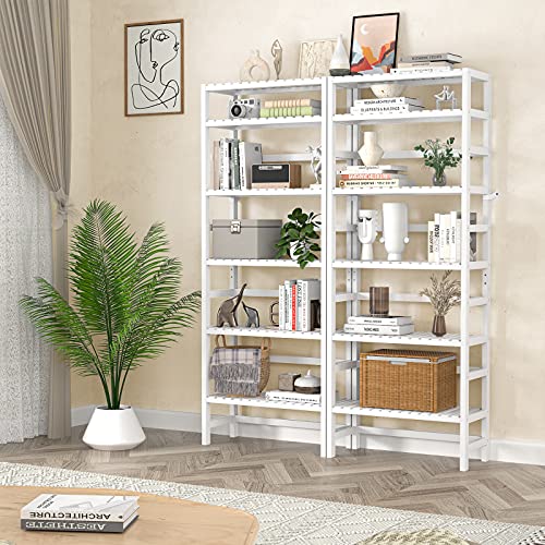 Homykic Bookshelf, 6-Tier Bamboo Adjustable 63.4” Tall Bookcase Book Shelf Organizer Free Standing Storage Shelving Unit for Living Room, Kitchen, Bedroom, Bathroom, Office, Rust Resistance, White