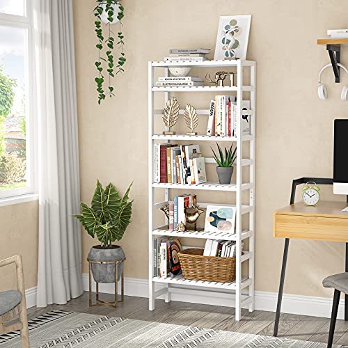 Homykic Bookshelf, 6-Tier Bamboo Adjustable 63.4” Tall Bookcase Book Shelf Organizer Free Standing Storage Shelving Unit for Living Room, Kitchen, Bedroom, Bathroom, Office, Rust Resistance, White