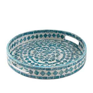 Mother of Pearl Inlay Round Serving Tray | Coffee Table Wooden Tray w Insert Handles - Luxury Decorative Platters for Party, Dinner, Breakfast in Bed - by MadeTerra (Round-Teal)