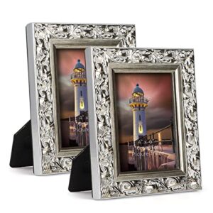 edenseelake 4x6 picture frame set of 2, vintage photo frame with carved retro pattern for tabletop and wall decoration, silver