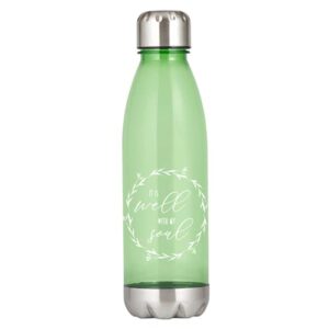 green sleek water bottle with stainless steel twist off lid and bottom, it is well with my soul travel & to-go plastic bpa-free drinkware, yogi gifts 11 inches