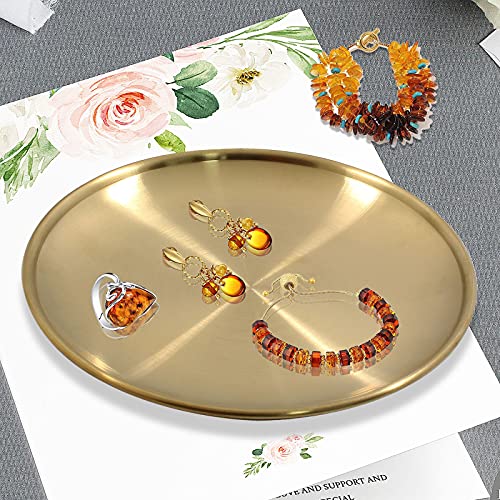 Jiozermi 6.69 Inch Stainless Steel Towel Tray, Serving Tray, Decorative Tray, Storage Tray for Cosmetics Jewelry Fruit Candy, Round, Gold