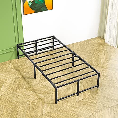 KAMPKEEPER Twin Bed Frames,14 Inch Platform Bed Frames,Twin Size Heavy Duty Bed Base with Metal Steel Slats Support,No Box Spring Needed,Black