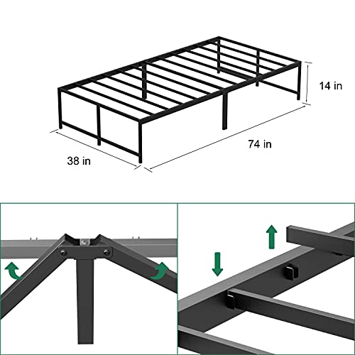 KAMPKEEPER Twin Bed Frames,14 Inch Platform Bed Frames,Twin Size Heavy Duty Bed Base with Metal Steel Slats Support,No Box Spring Needed,Black