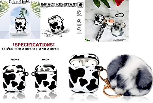 Redx1 Cow Airpod Case with Pompom and Strap Keychain Compatible with AirPods 2/1,Airpods Protective Hard Case Cover, Airpod Case for Women Girls Teen (Cow Print)