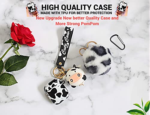 Redx1 Cow Airpod Case with Pompom and Strap Keychain Compatible with AirPods 2/1,Airpods Protective Hard Case Cover, Airpod Case for Women Girls Teen (Cow Print)