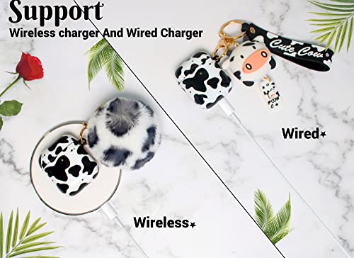 Redx1 Cow Airpod Case with Pompom and Strap Keychain Compatible with AirPods 2/1,Airpods Protective Hard Case Cover, Airpod Case for Women Girls Teen (Cow Print)