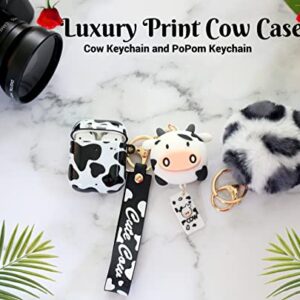 Redx1 Cow Airpod Case with Pompom and Strap Keychain Compatible with AirPods 2/1,Airpods Protective Hard Case Cover, Airpod Case for Women Girls Teen (Cow Print)