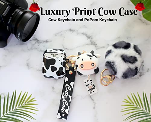 Redx1 Cow Airpod Case with Pompom and Strap Keychain Compatible with AirPods 2/1,Airpods Protective Hard Case Cover, Airpod Case for Women Girls Teen (Cow Print)