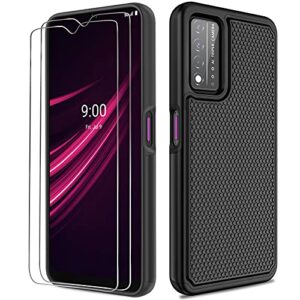ntzw t-mobile revvl v+ 5g case: heavy duty shockproof protective phone case [2 tempered glass screen protector] anti-slip textured hard cover + soft silicone rubber bumper, military armor case - black