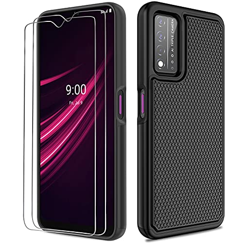 NTZW T-Mobile Revvl V+ 5G Case: Heavy Duty Shockproof Protective Phone Case [2 Tempered Glass Screen Protector] Anti-Slip Textured Hard Cover + Soft Silicone Rubber Bumper, Military Armor Case - Black