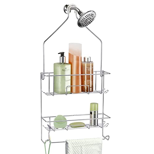 Shower Caddy over Shower Head Hanging Shower Organizer Rust Proof with 10 Razor Hooks Bathroom Shampoo Holder with Towel Rack Shower Storage Shelf-Chrome-Stainless Steel