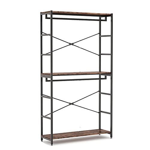 Tribesigns Free-standing Closet Organizer with 3 Storage Shelves and 2 Hanging Rod, Large Standing Clothes Garment Rack for Bedroom Living Room (Brown)