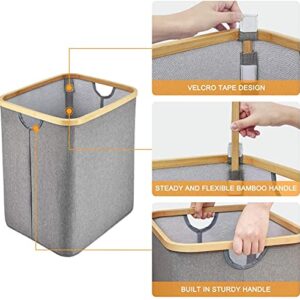 Grey Bamboo Frame Collapsible Laundry Hamper with Handles, Dirty Clothes Basket, laundry room clothes organizer, Oxford Foldable Laundry Baskets for Clothes,Towels, Blankets, Toys Organizer