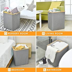 Grey Bamboo Frame Collapsible Laundry Hamper with Handles, Dirty Clothes Basket, laundry room clothes organizer, Oxford Foldable Laundry Baskets for Clothes,Towels, Blankets, Toys Organizer