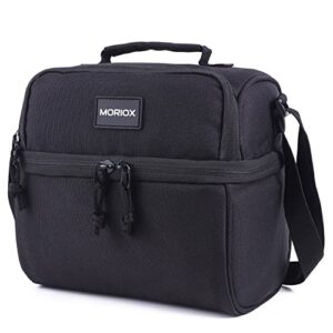 moriox small lunch box double deckers thermal insulation lunch bag leakproof mini cooler with shoulder strap for work school picnic (black)