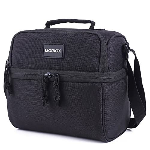 MORIOX Small Lunch Box Double Deckers Thermal Insulation Lunch Bag Leakproof Mini Cooler with Shoulder Strap for Work School Picnic (Black)