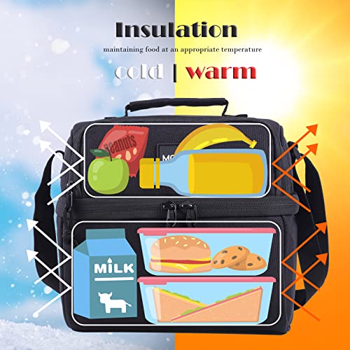 MORIOX Small Lunch Box Double Deckers Thermal Insulation Lunch Bag Leakproof Mini Cooler with Shoulder Strap for Work School Picnic (Black)