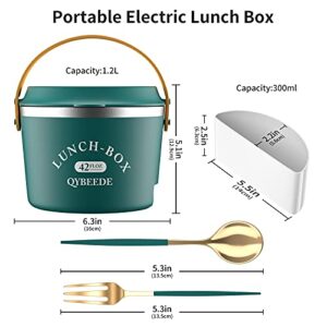 QYBEEDE Electric Lunch Box, 110v 48w 1.2L Green Cordless Lunch Box 304 Stainless Steel Portable Microwave Food Warmer Heated Lunch Box with Fork and Spoon for Home, Apartment, Office, School, Travel