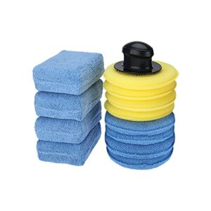 auinland 13 pcs wax applicator pads kit, rectangle/round blue microfiber detailing wax applicator pad, round yellow foam waxing pad with handle for cars wax applicator foam sponge