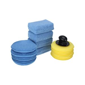 AuInLand 13 PCS Wax Applicator Pads Kit, Rectangle/Round Blue Microfiber Detailing Wax Applicator Pad, Round Yellow Foam Waxing Pad with Handle for Cars Wax Applicator Foam Sponge