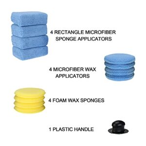 AuInLand 13 PCS Wax Applicator Pads Kit, Rectangle/Round Blue Microfiber Detailing Wax Applicator Pad, Round Yellow Foam Waxing Pad with Handle for Cars Wax Applicator Foam Sponge