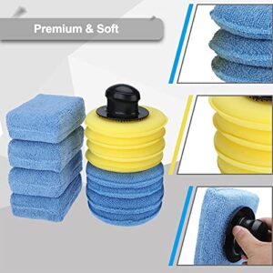 AuInLand 13 PCS Wax Applicator Pads Kit, Rectangle/Round Blue Microfiber Detailing Wax Applicator Pad, Round Yellow Foam Waxing Pad with Handle for Cars Wax Applicator Foam Sponge