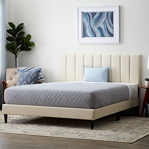 Lucid Bed Frame with Headboard – Vertical Channeled Upholstered Platform Frame – Queen Size– No Box Spring Needed - Pearl