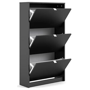 Pemberly Row Modern 3 Drawer Shoe Cabinet, 18-Pair Shoe Rack Storage Organizer in Black Matte