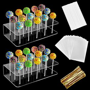 2pack upgraded acrylic cake pop display stand 15 hole clear acrylic lollipop holder with 50pcs lollipop sticks, 50pcs packaging bags and 50pcs gold metallic twist ties