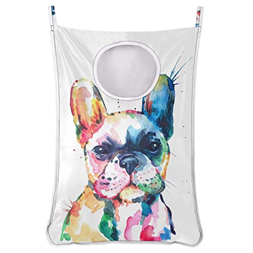 Animal Dog Hanging Laundry Hamper Bag 1 PCS, Watercolor French Bulldog Door Hanging Laundry Basket Dirty Clothes Bag Space Saving with Hooks for Bathroom Bedroom Home Wall Closet