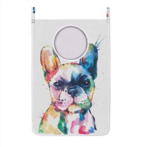 Animal Dog Hanging Laundry Hamper Bag 1 PCS, Watercolor French Bulldog Door Hanging Laundry Basket Dirty Clothes Bag Space Saving with Hooks for Bathroom Bedroom Home Wall Closet