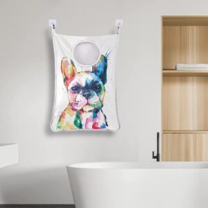 Animal Dog Hanging Laundry Hamper Bag 1 PCS, Watercolor French Bulldog Door Hanging Laundry Basket Dirty Clothes Bag Space Saving with Hooks for Bathroom Bedroom Home Wall Closet