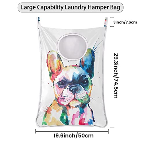 Animal Dog Hanging Laundry Hamper Bag 1 PCS, Watercolor French Bulldog Door Hanging Laundry Basket Dirty Clothes Bag Space Saving with Hooks for Bathroom Bedroom Home Wall Closet