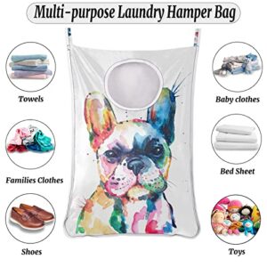 Animal Dog Hanging Laundry Hamper Bag 1 PCS, Watercolor French Bulldog Door Hanging Laundry Basket Dirty Clothes Bag Space Saving with Hooks for Bathroom Bedroom Home Wall Closet