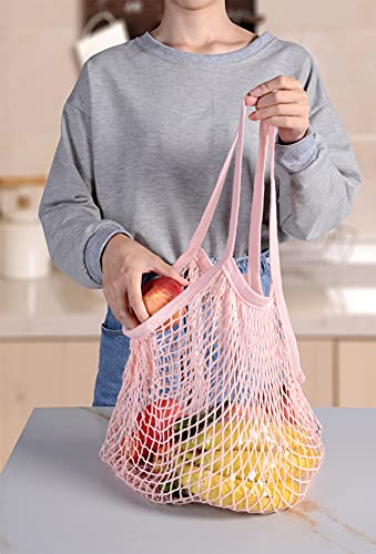 S SRYSITA 5 Pack My Eco Bag Portable Large Reusable Grocery Bags Fruit and Vegetable Bag Washable Cotton Mesh Bag Organic Organizer Shopping Handbag Long Handle Net Tote (Blue,Green,Beige,Pink)