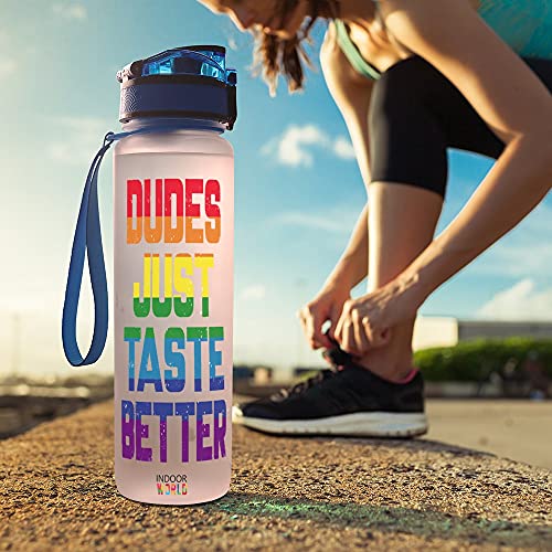 INDOOR WORLD Dudes Just Taste Better LGBT Gay Pride Water Bottle Motivational Bottles 32oz Smart Time Maker