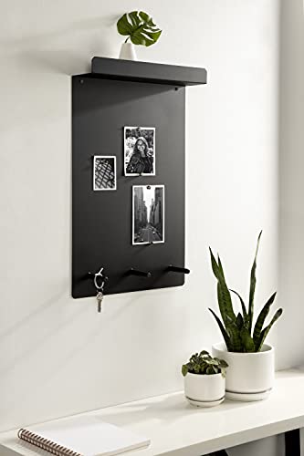 Kate and Laurel Mezzo Modern Wall Organizer Board, 15 x 24, Black, Decorative Magnetic Metal Board with Hooks