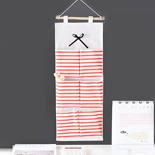 Halyuhn 24 x 10 Inch 6 Pockets Wall Hanging Storage Bag, White Red Striated Waterproof Linen Fabric Organizer with Self Adhesive Hook Wood Bar, Narrow 3-Shelf Over The Door Closet Pockets Chart