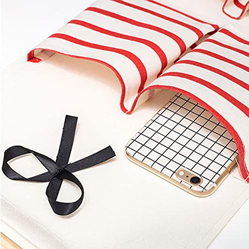 Halyuhn 24 x 10 Inch 6 Pockets Wall Hanging Storage Bag, White Red Striated Waterproof Linen Fabric Organizer with Self Adhesive Hook Wood Bar, Narrow 3-Shelf Over The Door Closet Pockets Chart