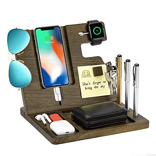 MoKo Walnut Nightstand Organizer for Men丨With Phone Charging Stand Wooden Phone Docking Station, Key Holder Watch Stand Widget Organizer丨Valentine's Gift for Dad Boyfriend Men, Black Walnut