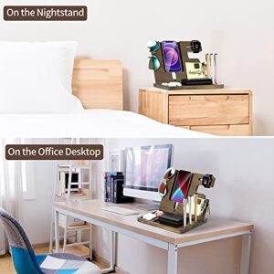 MoKo Walnut Nightstand Organizer for Men丨With Phone Charging Stand Wooden Phone Docking Station, Key Holder Watch Stand Widget Organizer丨Valentine's Gift for Dad Boyfriend Men, Black Walnut