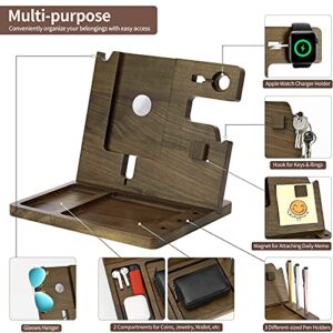 MoKo Walnut Nightstand Organizer for Men丨With Phone Charging Stand Wooden Phone Docking Station, Key Holder Watch Stand Widget Organizer丨Valentine's Gift for Dad Boyfriend Men, Black Walnut