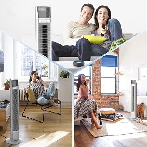 Lasko Works with Alexa Oscillating Tower Fan, Voice Controlled, 4 Quiet Speeds, Sleep Mode, Timer, Bedroom, Living Room, 48", White, T48401