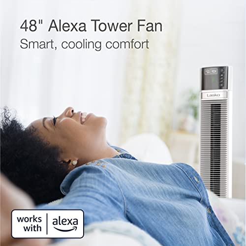 Lasko Works with Alexa Oscillating Tower Fan, Voice Controlled, 4 Quiet Speeds, Sleep Mode, Timer, Bedroom, Living Room, 48", White, T48401