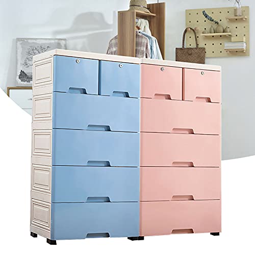 Plastic Storage Drawers, 5 Layers 6 Drawer Dresser Clothes Storage Plastic Closet Cabinet Organizer Container with 4 Wheel Tower Home Office Bedroom Furniture (Blue)