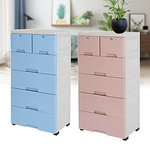 Plastic Storage Drawers, 5 Layers 6 Drawer Dresser Clothes Storage Plastic Closet Cabinet Organizer Container with 4 Wheel Tower Home Office Bedroom Furniture (Blue)