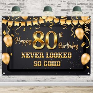 hamigar 6x4ft 80 never looked so good banner backdrop - funny happy 80th birthday decorations party supplies for men women - black gold